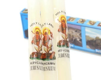 Juego de 3 velas en caja de regalo Jerusalén Nazaret Belén Tierra Santa Bendita blanca