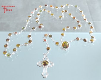 Saints Rosary Icon Pendant Metal With Box Gift Jerusalem Holy Land Blessed Prayer  Silver Necklace