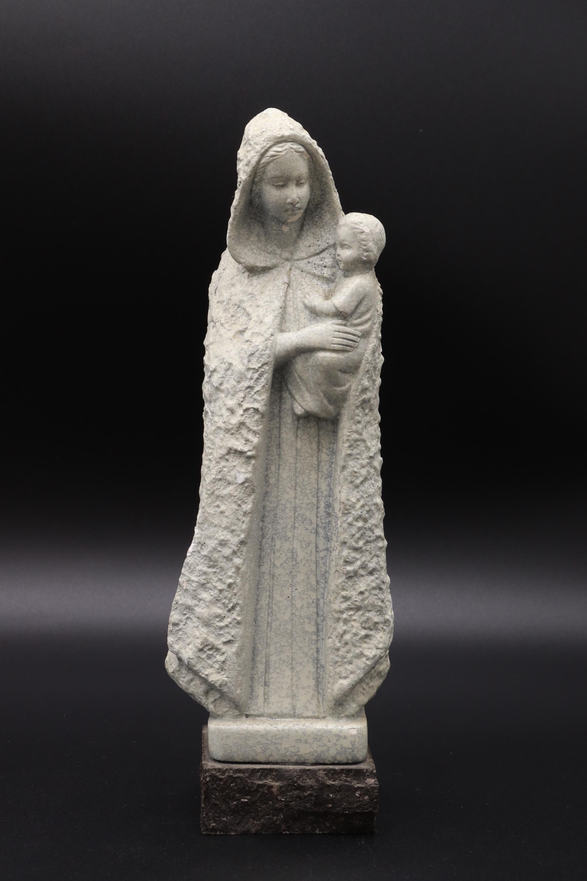 ミッドセンチュリーの石膏像、聖母マリアと幼子イエス、母と子、花崗岩