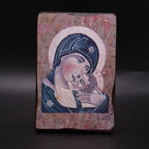 Vintage Icon Our Lady Wood Virgin Mary Jesus Child Christianity Religious Hanging