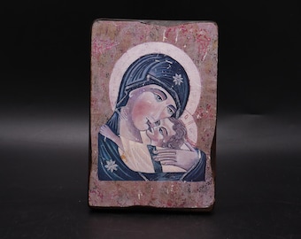 Vintage Ikone Muttergottes Holz Jungfrau Maria Jesus Kind Christentum Religiöses Hängen