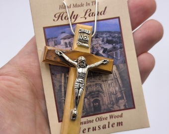 Necklace Olive Wood Cross Pendant Hand Made Jerusalem Holy Land crucifix