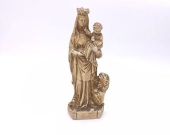 Madonna and Child with Lion vintage Catholic Statue Our Lady Resin Sculpture