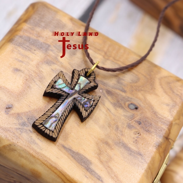 Perlmutt & Olivenholz Kreuz Halskette Anhänger Hand Made in the Holy Land