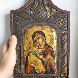 vintage Byzantine Virgin Mary Icon Handcrafted Wood Art Athos Orthodox hand made