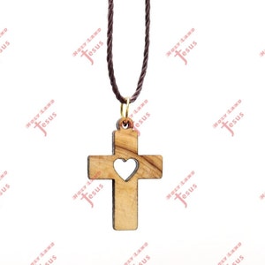 HEART CROSS Necklace Olive Wood Holy Land Bethlehem Souvenir Christianity Certificate