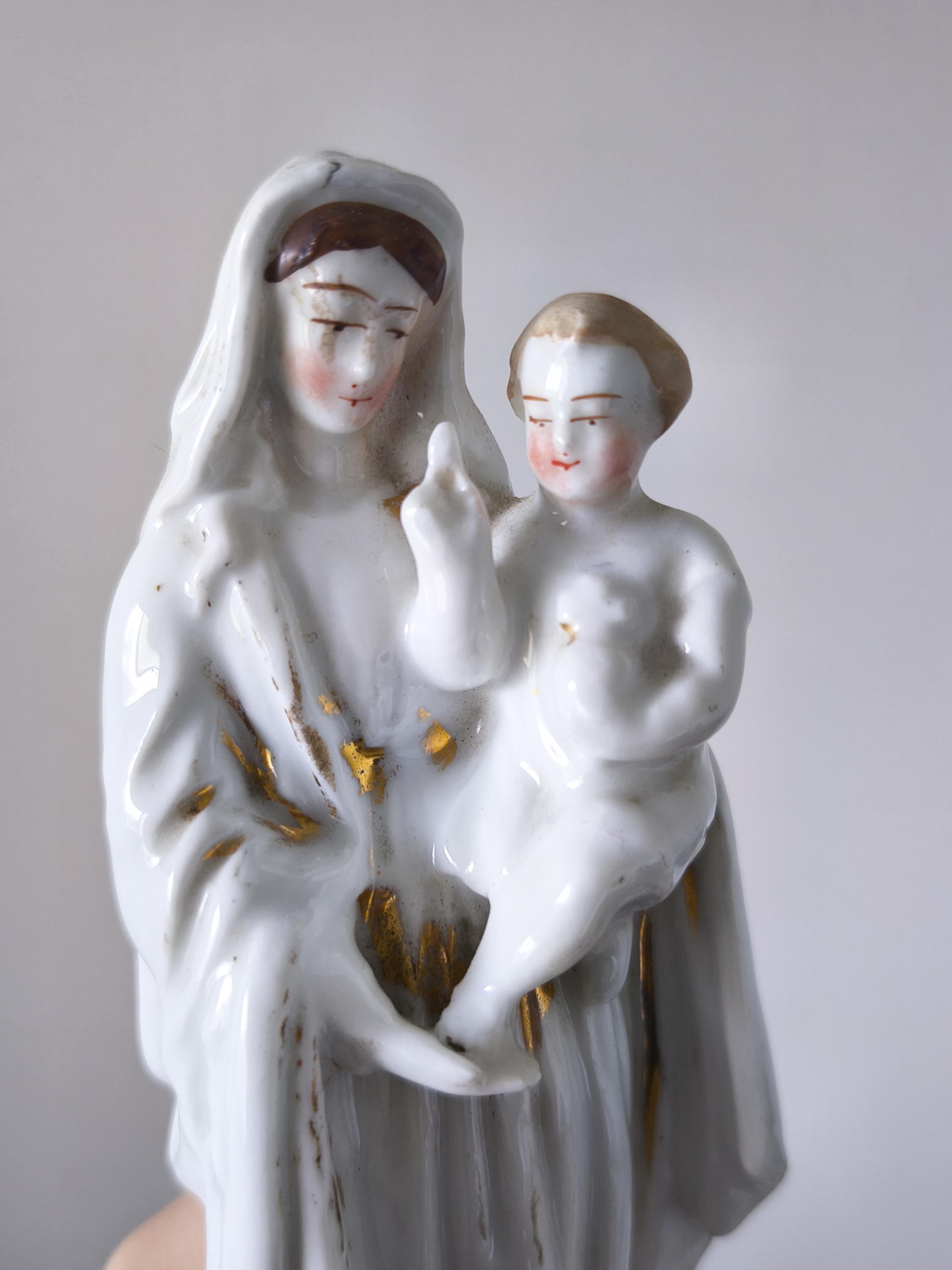 Vintage Porcelain Madonna and Child Statue - Antique White & Gold Gilt ...