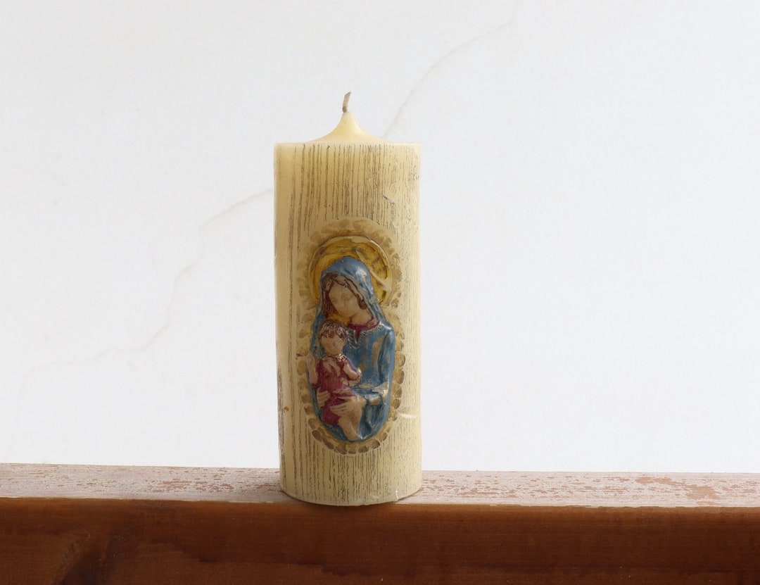Candle Made in Germany Mary Virgin Christian Carved Vintage Colored