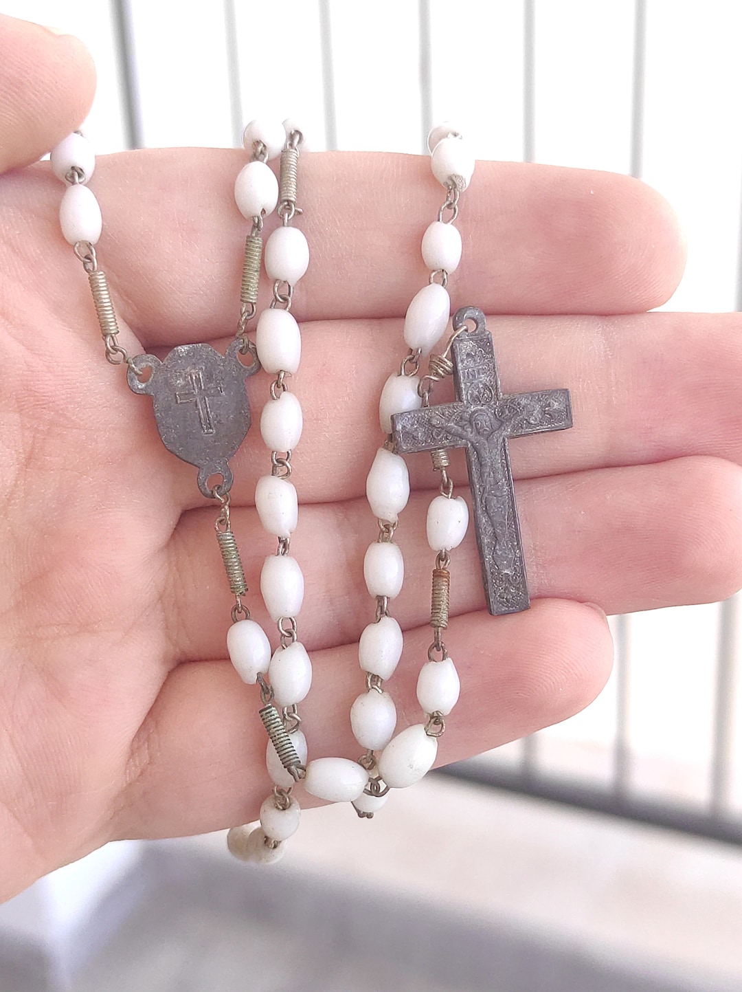 Very Old Rosary White Beads Antique Pendant Icon Cross Metal Tiny Etsy
