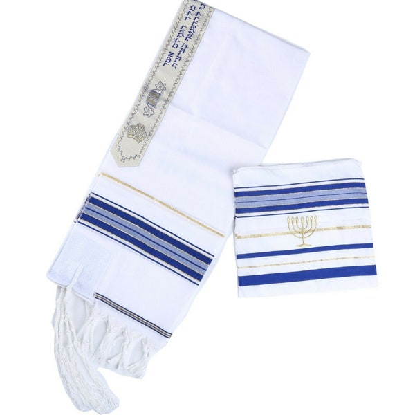 Tallit gebedssjaal Joods goud blauw gemaakt in Israël met tas cadeau Talit Tallits