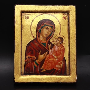 Ikone handgemalte Jungfrau Maria Jesus Kind Holz ALTES antikes Christentum Religion Wandbehang