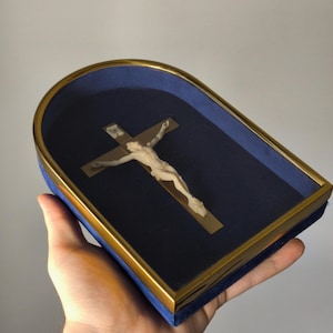 Vintage Catholic Crucifix Wall Shadow Box Jesus on Gold Cross Blue Velvet Frame