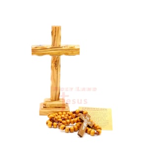 Cross With Rosary Set Prayer Certificate Olive Wood Hand Made Souvenir Jerusalem