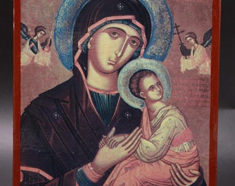 Religiöse Vintage Ikone Muttergottes Holz Jungfrau Maria Jesus Kind Christentum Hängen