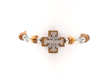 Hand Made Bracelet From Olive Wood With Jerusalem Cross Icons