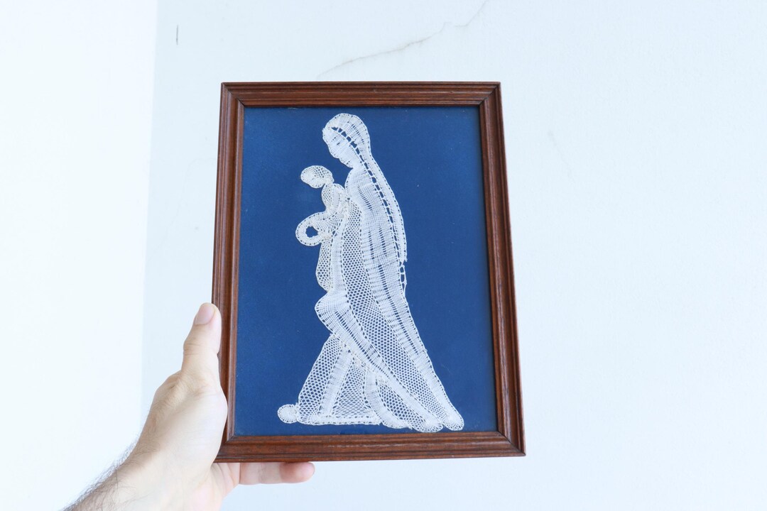 Vintage Virgin Mary Holding Baby Jesus Lace Art Wood Frame Religious ...