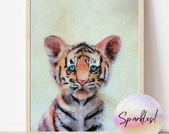 Baby Tiger Safari Animals Art, Glitter Embellished Art Print for Home Decor - "Pride of the Jungle" Wall Art For Nursery, Kids, and Home