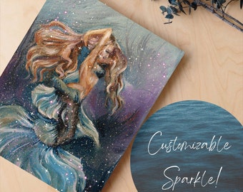 Customizable Glitter Embellished Art Print - Original Hand Painted Oil Painting Reproduction "Under the Sea" Mermaid Painting - 11x14 Print