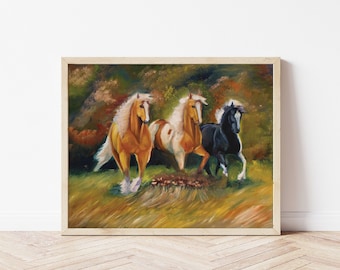 Wild Running Horses Art Print, Rustic Home Decor (11x14)