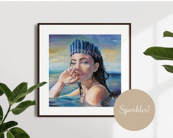 Mermaid Oil Painting, Customizable Glitter Embellished Art Print - Original Painting "A Vision of a Daughter of Atlantis", Coastal Wall Art