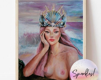 Mermaid Wall Art, Customizable Glitter Embellished Art Print "The Lagoon"  Original Oil Painting for Home Decor, Coastal Wall Art