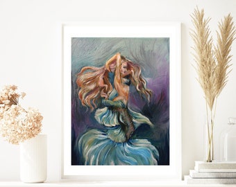 Mermaid Art Print for Home Decor, Coastal Wall Art, Original Oil Painting Reproduction, "Under the Sea" - 11x14 Signed Art Print