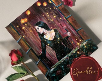 Morticia Addams Glitter Embellished Art Print, Addams Family Oil Painting, Spooky Halloween Decor Gothic Art