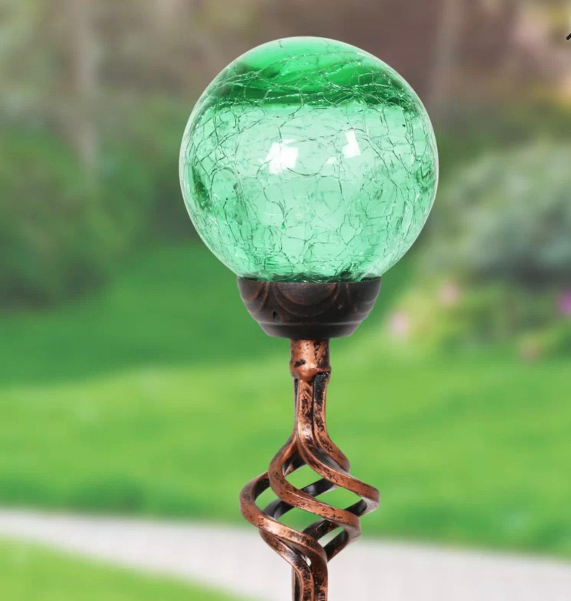 Solar Hand blown Glass Green Orb Glowing Garden Stake Etsy