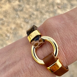Pulsera mujer bañada en oro y piel, pulsera o-ring , LINCE cp, colores de piel, para las mujeres, joyería hecha a mano, junta tórica oro