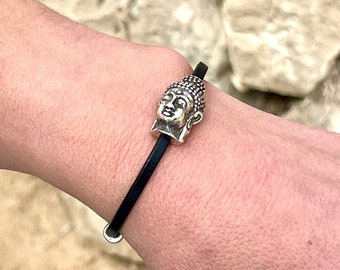 Women's silver and leather bracelet, budha bracelet, MOD. ENKAR, different skin colors, for women, handmade jewelry, unique bracelet