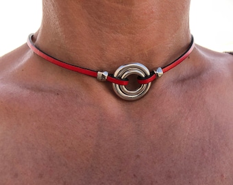 O-ring choker necklace, leather CHOKER, silver ring choker necklace, classic choker, LINCE MODEL md, handmade jewelry
