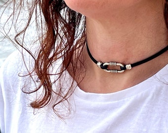O-ring choker necklace, leather CHOKER, silver ring choker necklace, classic choker, OVAL R MODEL oval, handmade jewelry