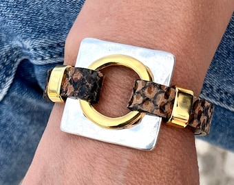 Dames armband van zilver, goud en leer, dubbele O-ring armband, LUCERO MODEL, verschillende leerkleuren, voor dames, handgemaakte sieraden,