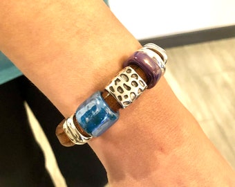 Pulsera mujer de plata y piel (REGALIZ),con cerámica,  MODELO CAIRO, joyería hecha a mano