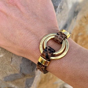 Women&#39;s gold-plated and leather bracelet, o-ring bracelet, LINCE DS, snakeskin, for women, handmade jewelry, gold O-ring