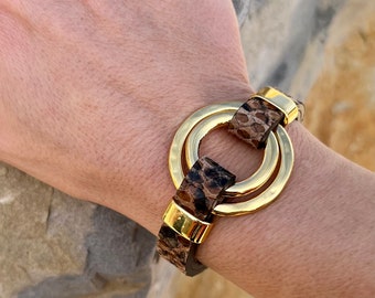 Women's gold-plated and leather bracelet, o-ring bracelet, LINCE DS, snakeskin, for women, handmade jewelry, gold O-ring