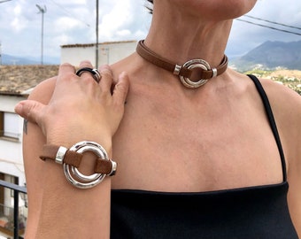 Collar de gargantilla o-anillo, CHOKER de cuero, pulsera y collar de gargantilla, gargantilla, MODELO LINCE dob.c, joyería hecha a mano