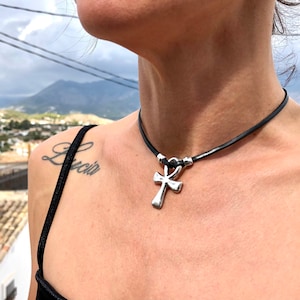 O-Ring Choker Necklace, Fine Leather CHOKER with Silver Egyptian Cross, Classic Choker, TOKYO MODEL, Handmade Jewelry