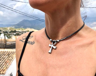 O-Ring Choker Necklace, Fine Leather CHOKER with Silver Egyptian Cross, Classic Choker, TOKYO MODEL, Handmade Jewelry
