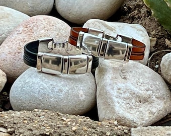 Herenarmband, leren en zilveren armband, originele armband, SEPC MODEL, vriendencadeau, origineel ontwerp van OBBVIUS, handgemaakte sieraden