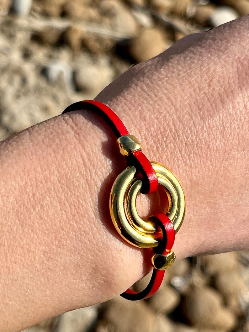 Pulsera mujer bañada en oro y piel, pulsera o-ring doble, MODELO LINCE md, colores de piel, para las mujeres, joyería hecha a mano imagen 2