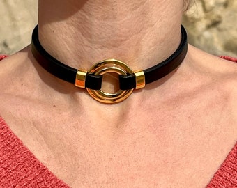 O-ring choker necklace, gold leather CHOKER, o-ring, gold plated, , LINCE DL handmade jewelry, mothers gift, grunge