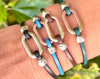Silver and leather woman bracelet, o-ring bracelet , LINCE MODEL, different colors, Italian leather, for women, mothers, handmade jewelry