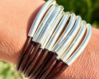 Bracelet in silver and leather, different colors, women's leather bracelet with 10 strips Spanish leather, MILAN MODEL, handmade jewelry