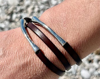 2-tube bracelet in silver and leather, different colors, women's leather wrap bracelet, for mothers, MODEL FORM., handmade jewelry