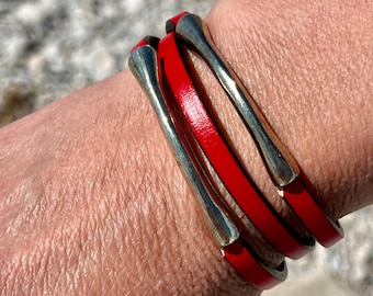 2-tube bracelet in silver and leather, different colors, women's leather wrap bracelet, for mothers, MODEL FORM., handmade jewelry