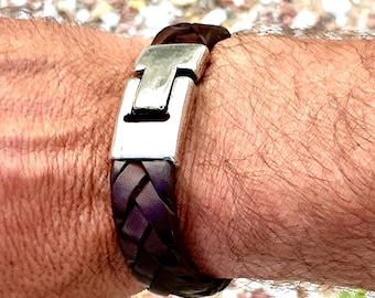 Herenarmband, leren en zilveren armband, gevlochten, unisex armband, Pacific model, cadeau voor vaders, heren, handgemaakte sieraden