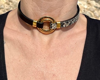 O-ring choker necklace, gold leather CHOKER, o-ring, gold plated, , LINCE DC handmade jewelry, mothers gift, grunge