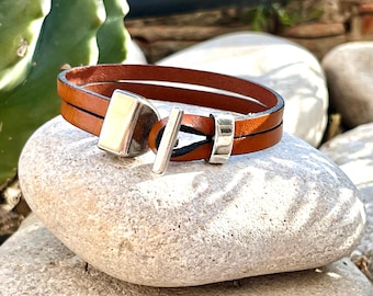 Herenarmband, leren en zilveren armband, originele armband, ANCL MODEL, cadeau voor een vriend, origineel ontwerp van OBBVIUS, heren, handgemaakte sieraden