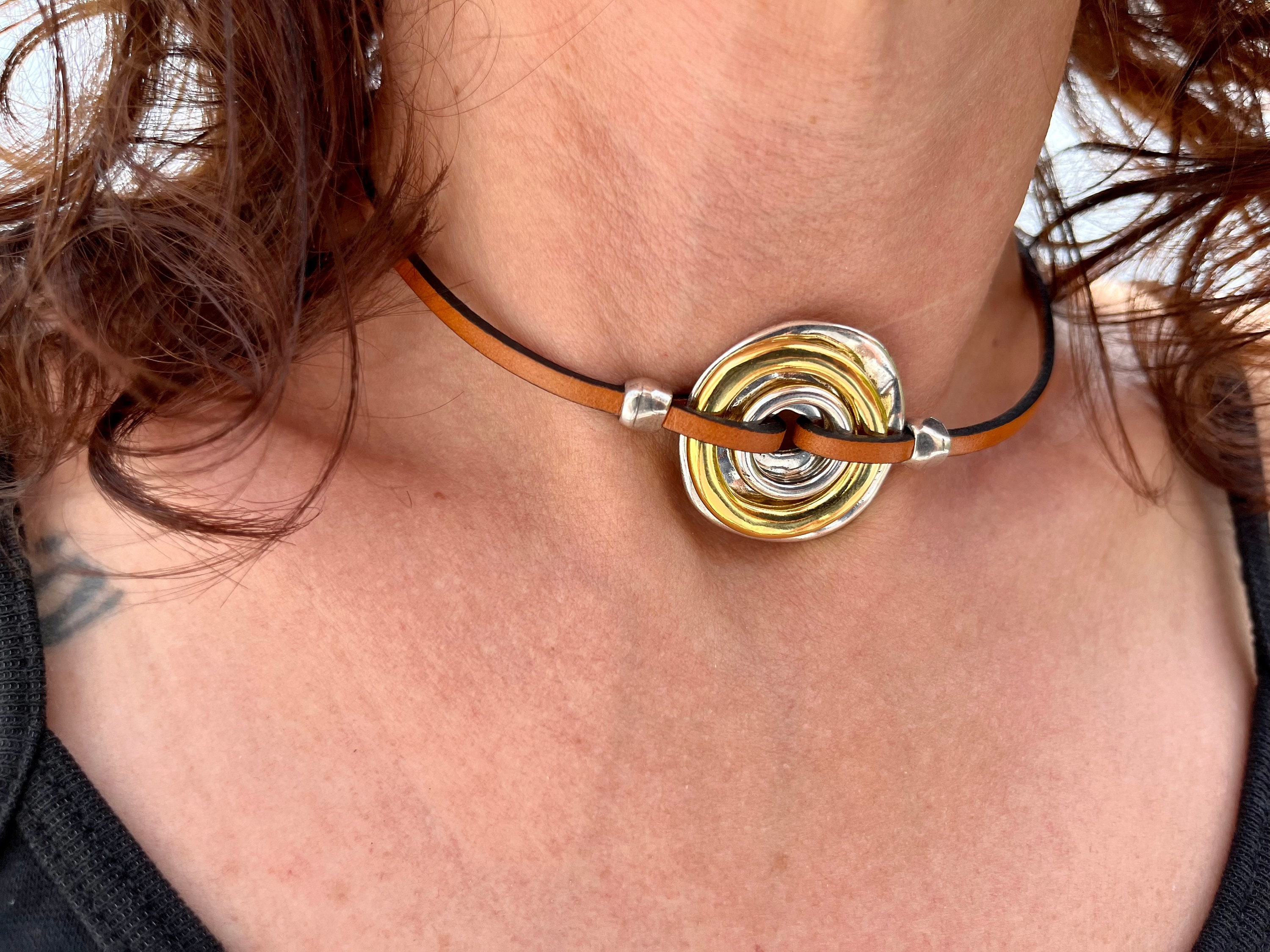 Oring Choker Necklace in Silver and Gold Plated LEATHER Etsy